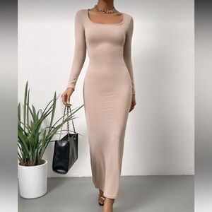 SHEIN Nude Long Sleeve Scoop Neck Maxi Dress